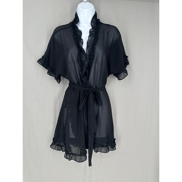 In Bloom Robe Womens Large Black Ruffle Mini Sheer Wrap Tie Short Sleeve - Picture 1 of 7